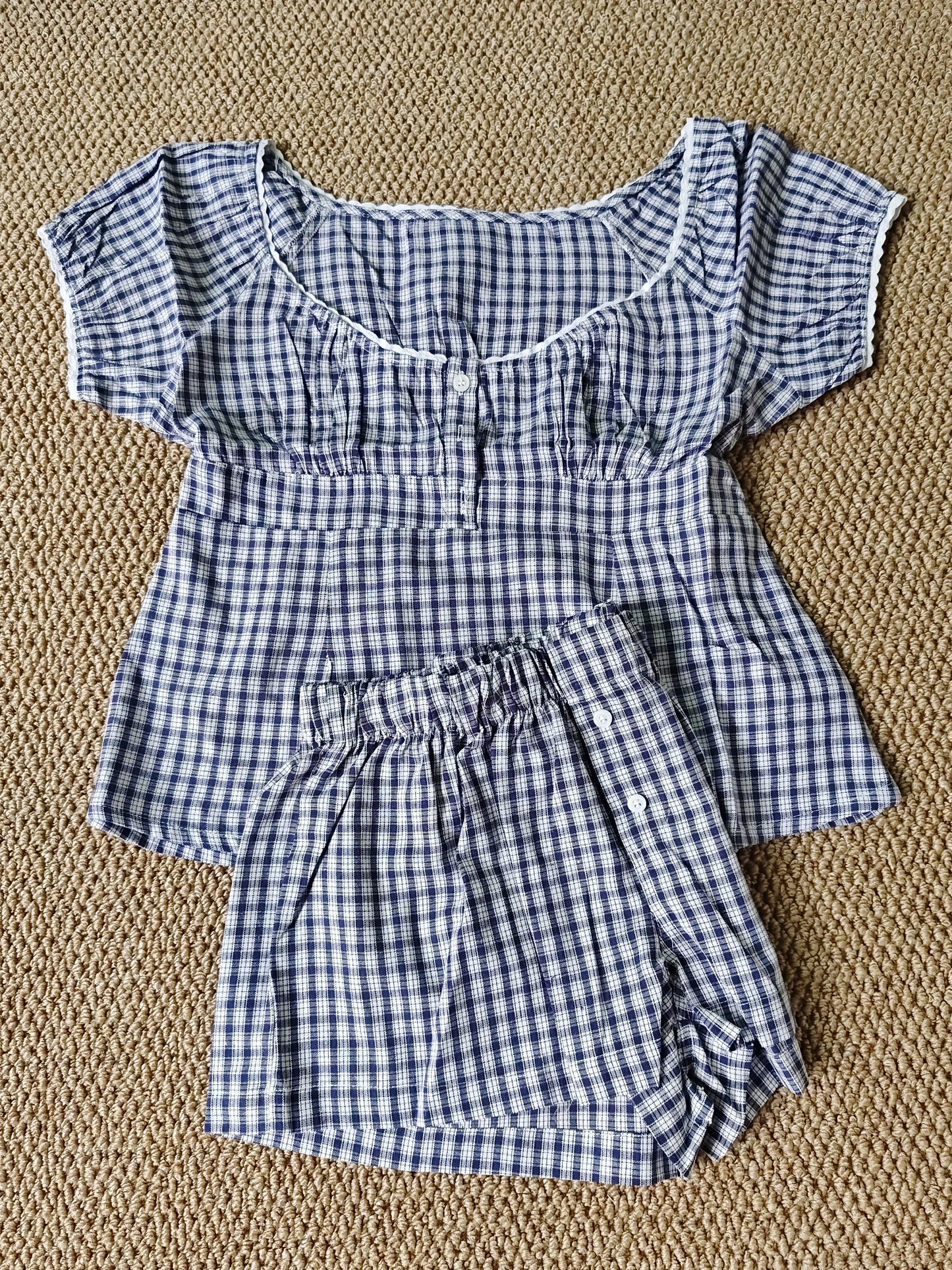 Red Plaid T-Shirt Shorts Set Women Summer Lace-up Puff Sleeve Blouse+Buttons Elastic Waist Short Pants Cotton Sweet 2 Piece Sets