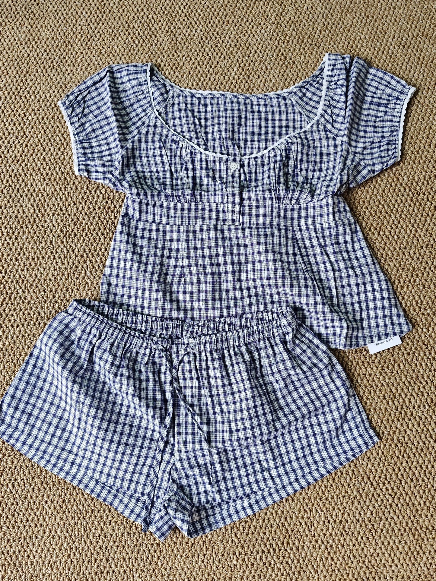 Red Plaid T-Shirt Shorts Set Women Summer Lace-up Puff Sleeve Blouse+Buttons Elastic Waist Short Pants Cotton Sweet 2 Piece Sets