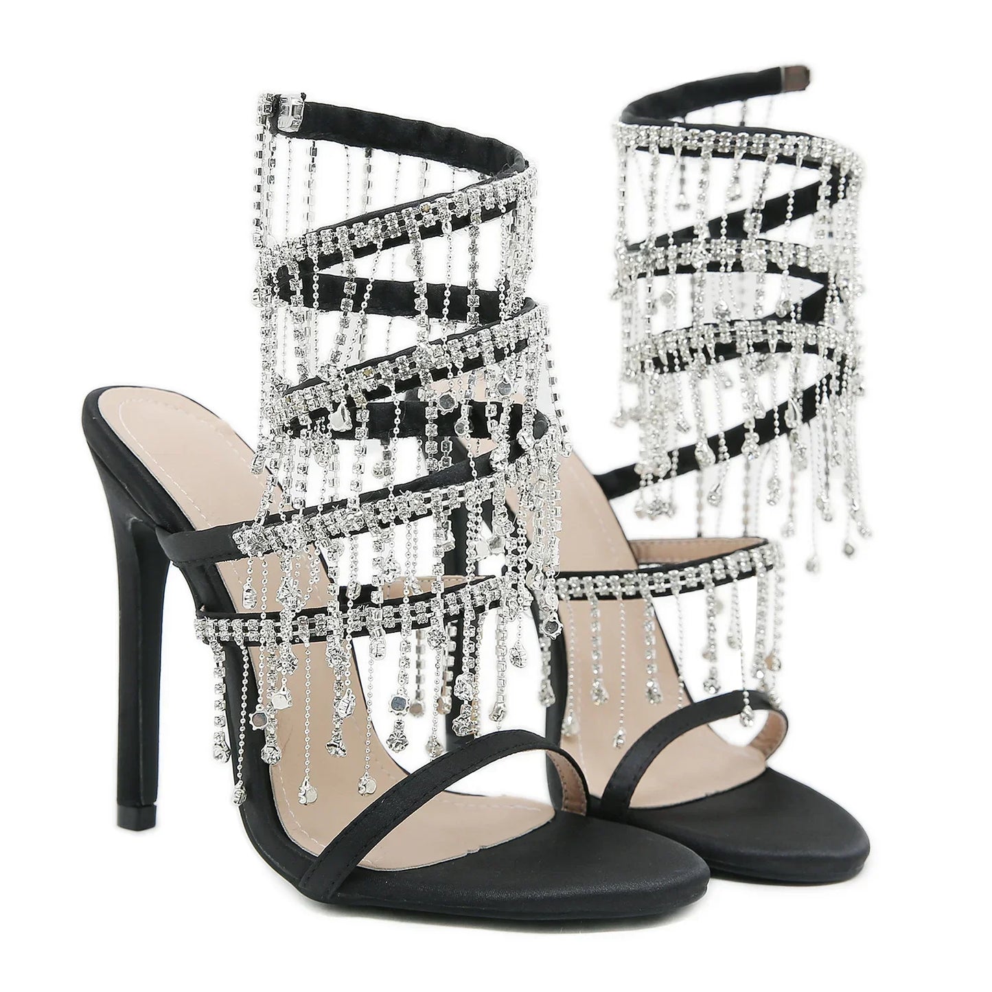Aneikeh Women Summer Silk Round Toe Open Toe Sandals Fashion Sexy Rhinestone String Bead Ankle Strap High Heels Party Wedding